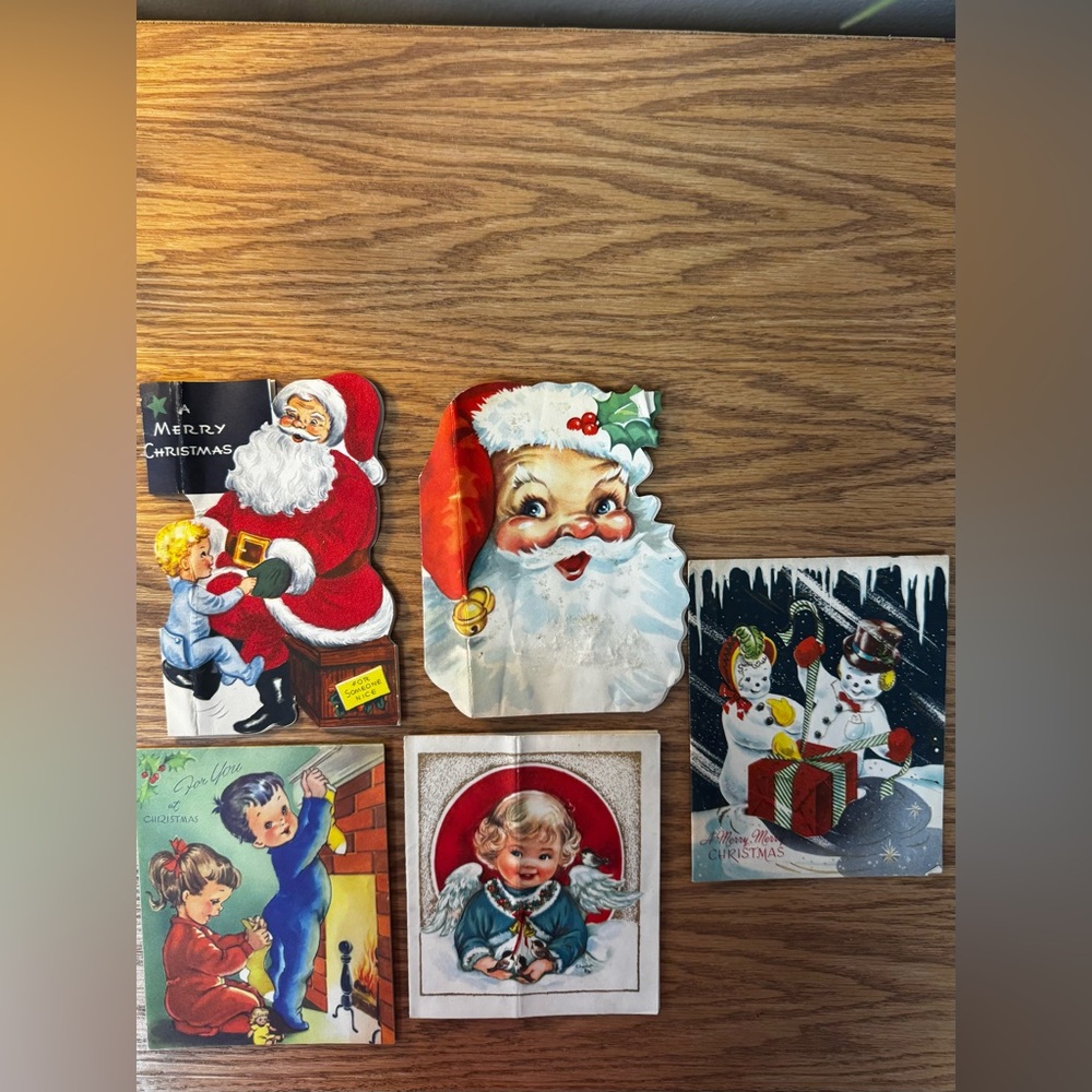 Vintage 1940-1950’s Christmas Cards with Santa, Angel, Children, and Snowman
